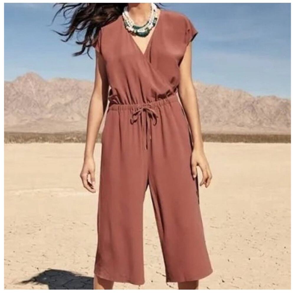 EILEEN FISHER Russet Crepe Tencel Faux Wrap Crop Wide Leg Jumpsuit Sz M Preppy